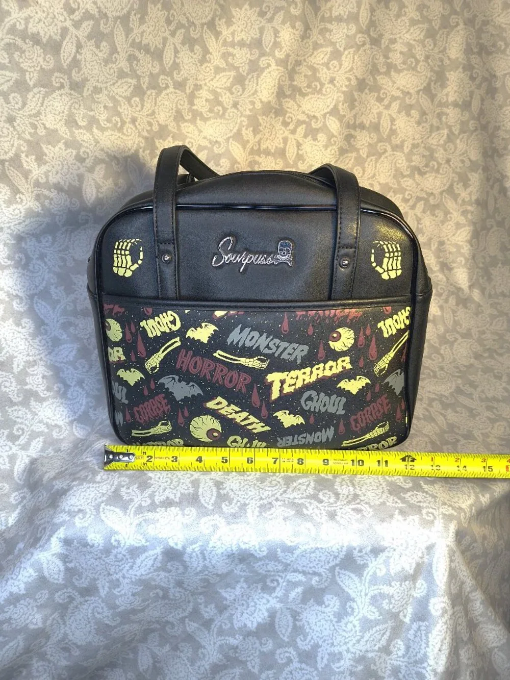 Black Sourpuss Oh the Horror Bowler handbag 10 x 11" with feet - Picture 3 of 14